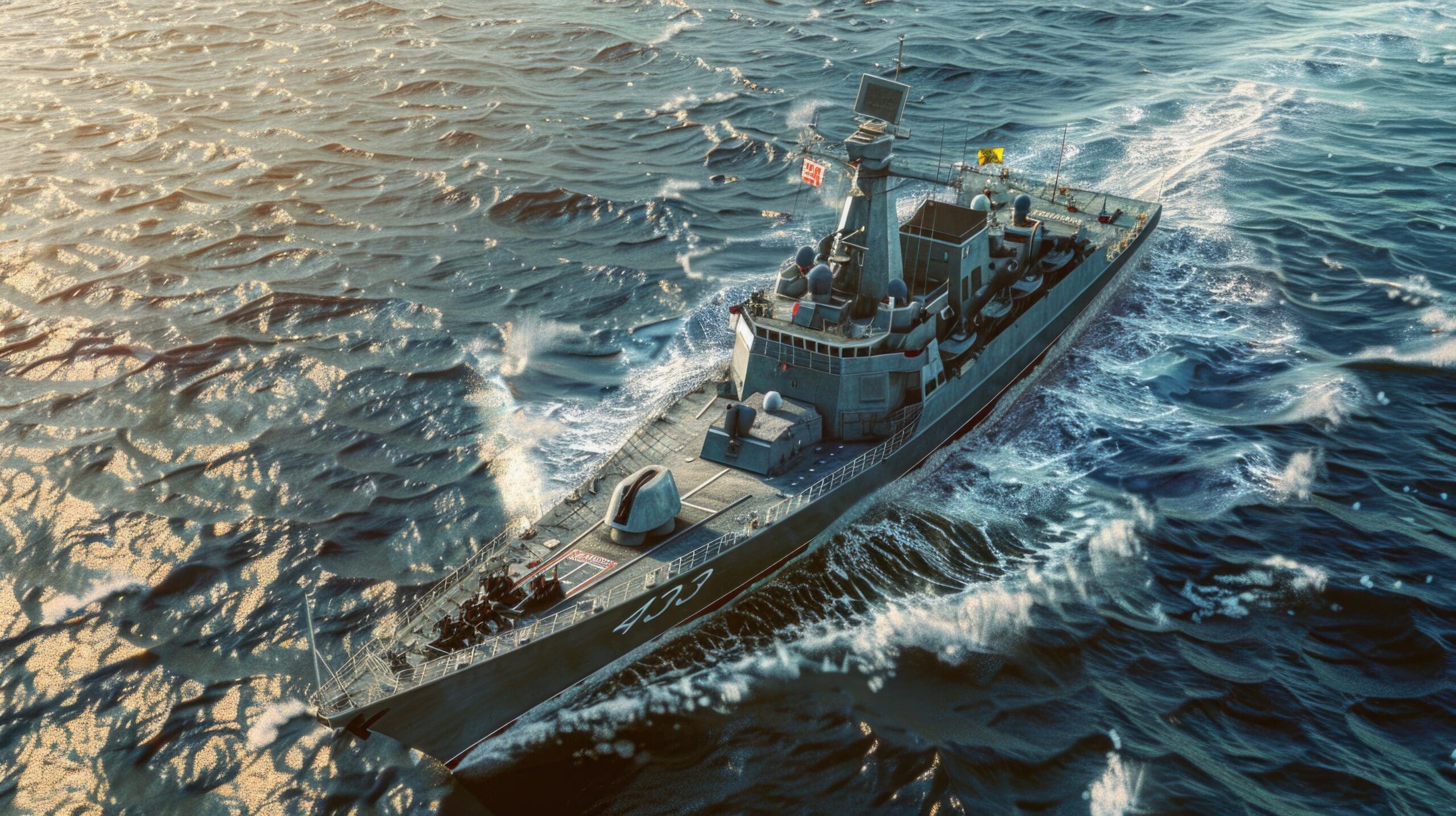A navy ship sailing in the vast ocean. Suitable for military or travel concepts